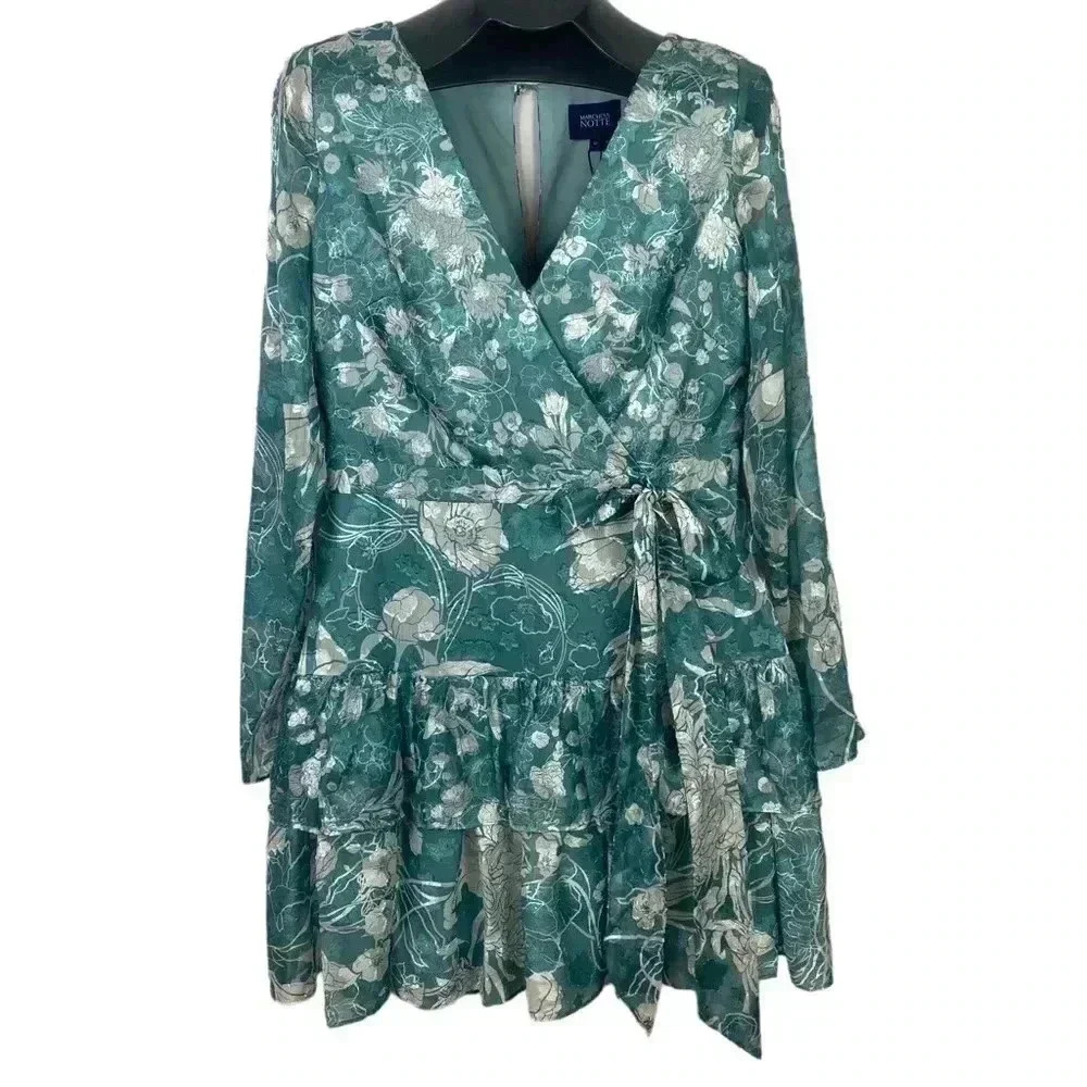 Marchesa Notte Long Sleeved V-neck Tiered Chiffon
Mini Dress in Sage